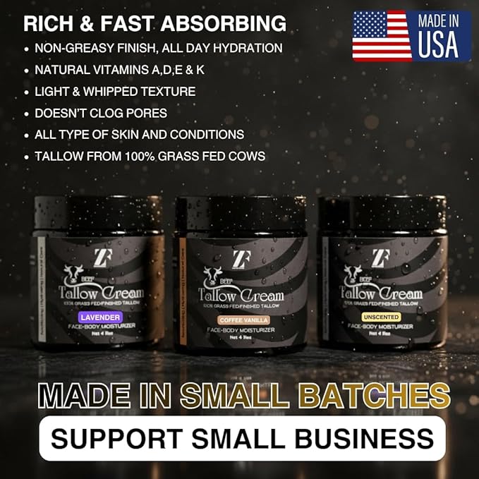 ZF 100% Grass Fed Beef Tallow for Skin Care - Face + Body - Natural Organic Lotion - Whipped Moisturizer for Sensitive Skin 4 FL. oz. (Lavender)