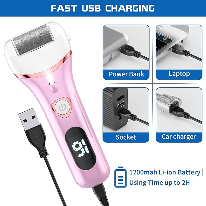 Electric Foot Callus Remover, Rechargeable Portable Electronic Foot File Pedicure Kits, Waterproof Foot Scrubber File, Professional Pedicure Tools, Foot Care for Dead Skin Ideal Gift, 3 Rollers