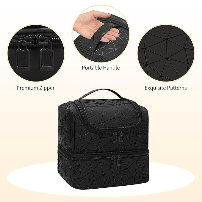 CUBETASTIC Nail Polish Organizer, Cute Nail Tech Organizers And Storage Bag Holds 45 Bottles & UV Nail Lamp, Compact Double-Layer Travel Nail Supplies Case for Nail Kit (Triangle Black, 27 Slots)