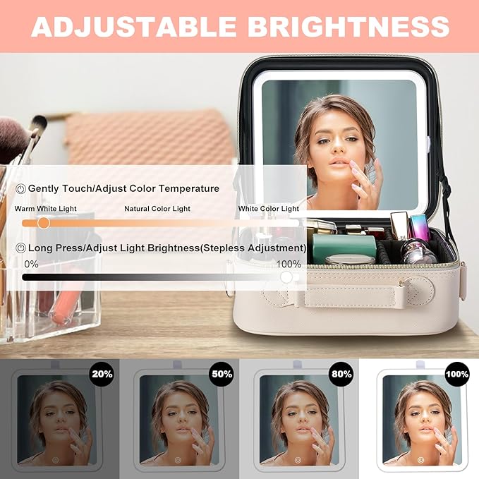 Mocado Travel Makeup Bag with LED Lighted Mirror,Travel Makeup Organizer,Makeup Case with 3 Color Lighted Setting and 10x Magnifying Mirror,Portable Storage and Adjustable Dividers Makeup Box(Beige)