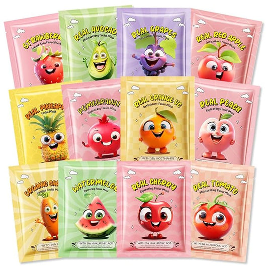 evpct 12 Pack Fruit Kids Face Masks for Kids Girls Spa, Girls Kids Facial Spa Day Slumber Sleepover Birthday Party Favors Supplies Kit for Girl, Kid Friendly Facial Face Masks Bulk Skincare for Kid, 2