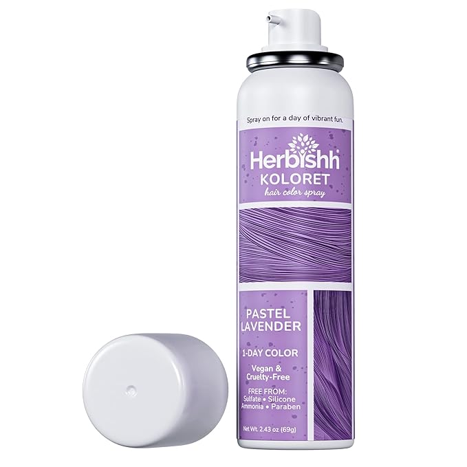 Herbishh Koloret Pastel Lavender Hair Tint Spray (69g), Washable Temporary Dye Mist for Light & Dark Hair, Quick-Dry, Non-Sticky, Travel-Friendly Root Touch Up Spray for Women