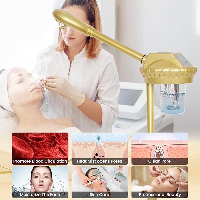 Professional Facial Steamer on Wheels,Gold Ozone Steamer for Face with 30-Minutes Timer,Spa Face Steamer for Deep Facial Cleansing