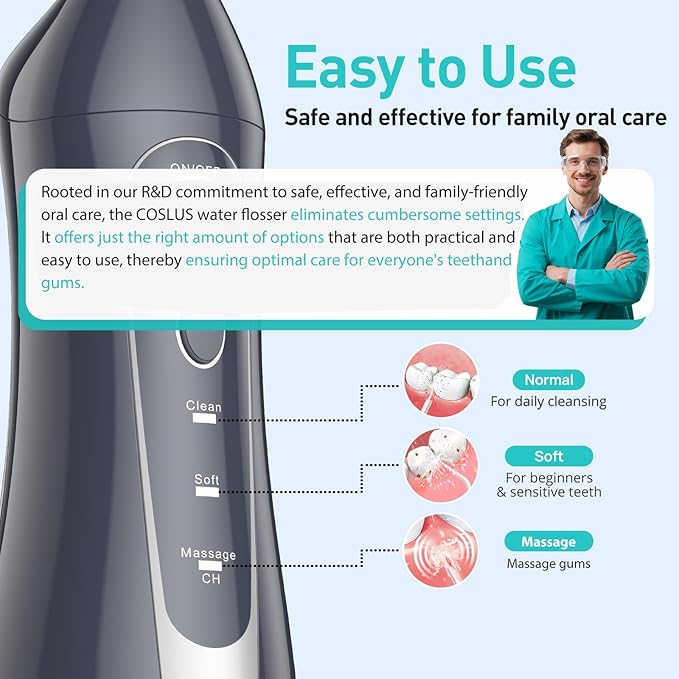 COSLUS Water Dental Flosser Teeth Pick: Portable Cordless Oral Irrigator 300ML Rechargeable Travel Irrigation Cleaner IPX7 Waterproof Electric Flossing Machine for Teeth Cleaning C20(F5020E) Grey