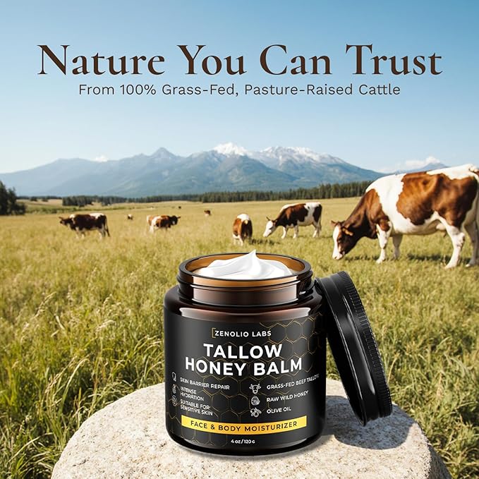 Organic Beef Tallow for Skin Face - Tallow and Honey Balm for Face - Whipped Grass-Fed Moisturizer with Raw Honey & Beeswax - Hydrating Body Cream for Dry, Cracked and Sensitive Skin