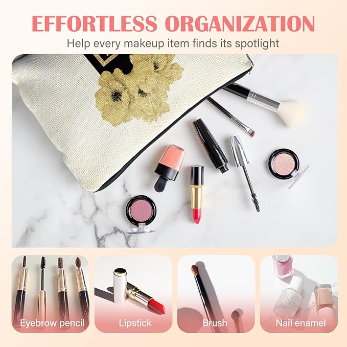 Trendy Black and Gold Makeup Bag for Women, Fashion Glitter Gold Floral Perfume Bottle Modern Aesthetic Cosmetic Bag for Purse, Girly Makeup Zipper Pouch