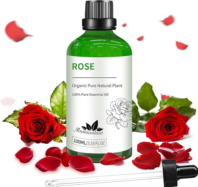 Pure Rose Essential Oil, Mumianhua Natural Rose Oil for Skin, Hair, Reed Diffuser, Air Purifier, Room Spray,Candle Making, Laundry, Relaxation, Evening Wellness, Romantic Atmosphere 3.38 Fl Oz