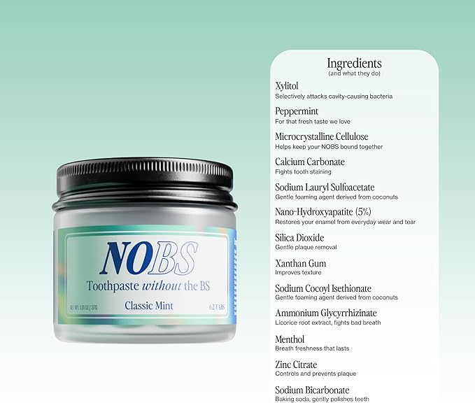 NOBS (No Bad Stuff) Toothpaste Tablets - Nano Hydroxyapatite, Fluoride & Plastic Free, Eco & Travel Friendly - Remineralize with NHA (1 Month)