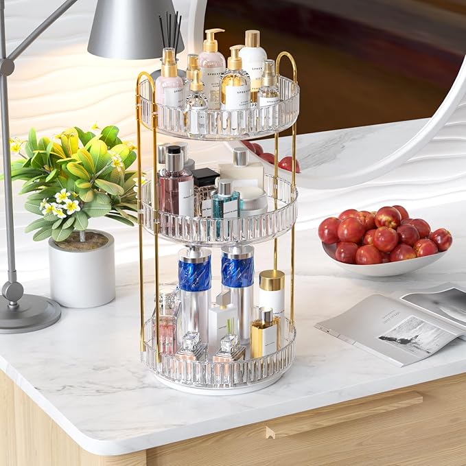 GTI 360°Rotating Makeup Organizer, 3 Tier Large Capacity Perfume Cosmetics Skincare Vanity Organizers,Bathroom Counter Organizer, Dresser Spinning Countertop Organizer and Storage for Women (Clear)