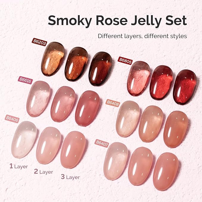 MelodySusie Jelly Gel Nail Polish Set,6 Transparent Colors,Milky or Jelly Texture,Autumn and Winter Dark Colors Soak Off UV LED Light Cure or Salon Manicure and Nail Art DIY at Home