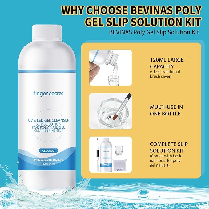 Slip Solution 4Fl.Oz Slip Solution Nail Extension Gel Liquid Slip Solution for Poly Gel Nails with Brush Spatula Glass Cup Nail Cleaning pads Gel Cleanser for Nails