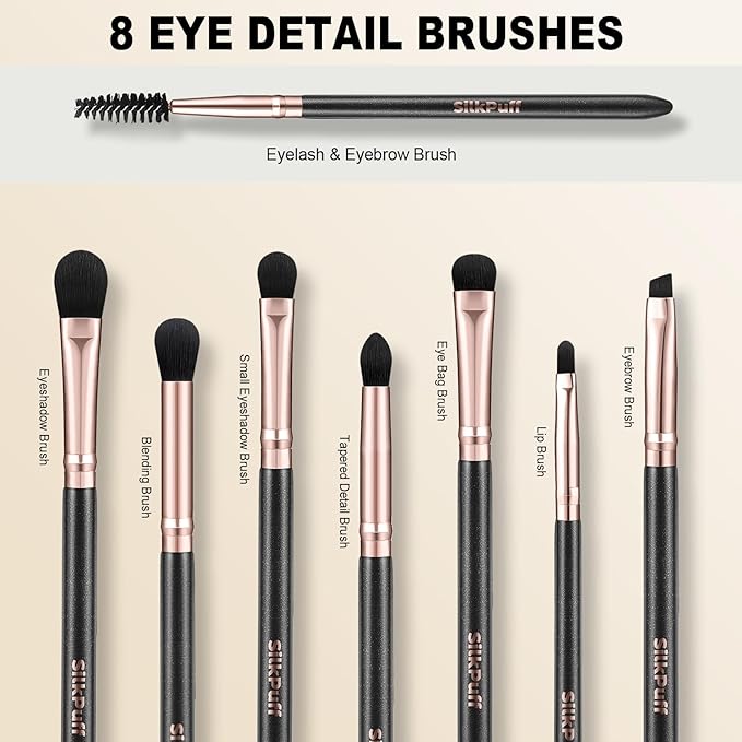 Silkpuff Makeup Brushes Set 15 Pcs Professional, Travel Makeup Brushes With Brush Case, Pearlescent Wood Handle, Premium Cruelty-Free Synthetic Fiber Hair, Foundation Concealer Eye Shadow Blush（Black）