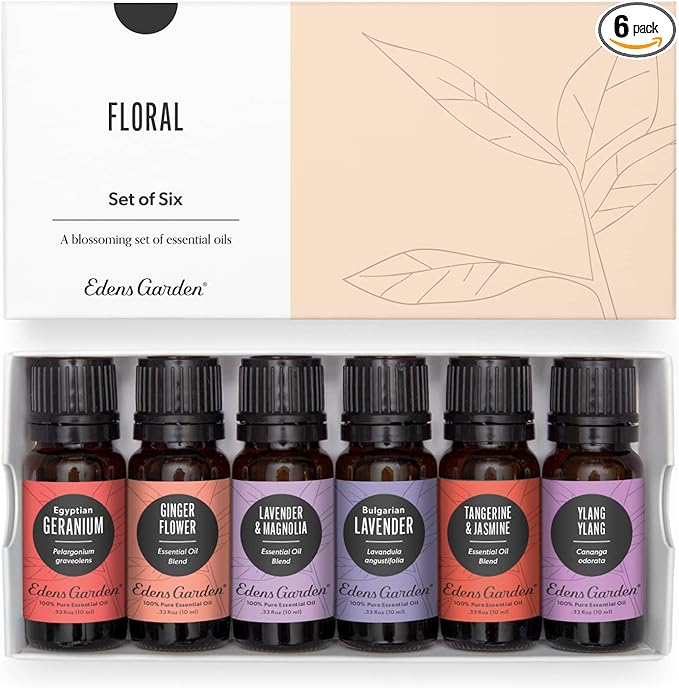 Edens Garden Floral Essential Oils 6 Set – 100% Pure Therapeutic Grade Blends: Geranium, Lavender, Magnolia, Tangerine, Jasmine, Ylang Ylang – No Fragrance Oil - Ideal For Home Diffuser, 10 ml/ 6 Pack