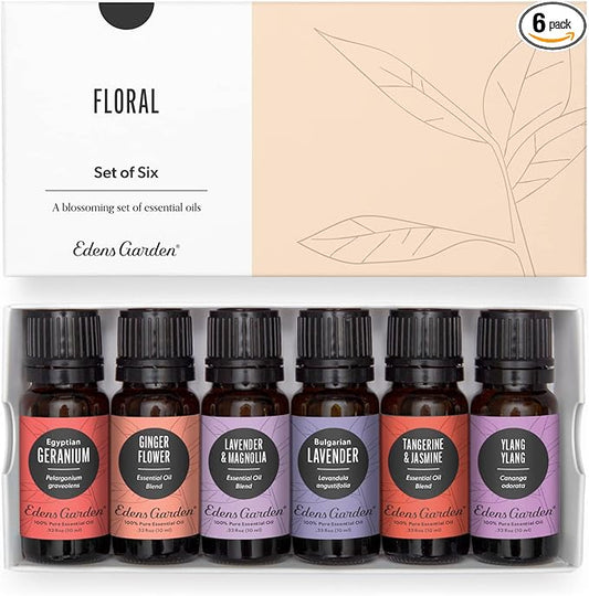 Edens Garden Floral Essential Oils 6 Set – 100% Pure Therapeutic Grade Blends: Geranium, Lavender, Magnolia, Tangerine, Jasmine, Ylang Ylang – No Fragrance Oil - Ideal For Home Diffuser, 10 ml/ 6 Pack