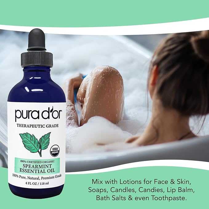 PURA D'OR Organic Spearmint Essential Oil (4oz with Glass Dropper) USDA Certified 100% Pure & Natural Therapeutic Grade Diffuser for Aromatherapy, Focus, Concentration, Mood Uplift