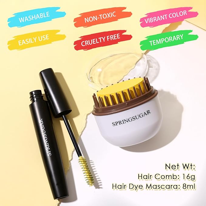 Yellow Temporary Hair Chalk Color Comb + Washable Hair Mascara Dye for Girls Kids, Makeup Vibrant Dye Hair Colors for Halloween, Cosplay, Sporting Events, DIY Hair Parties Christmas