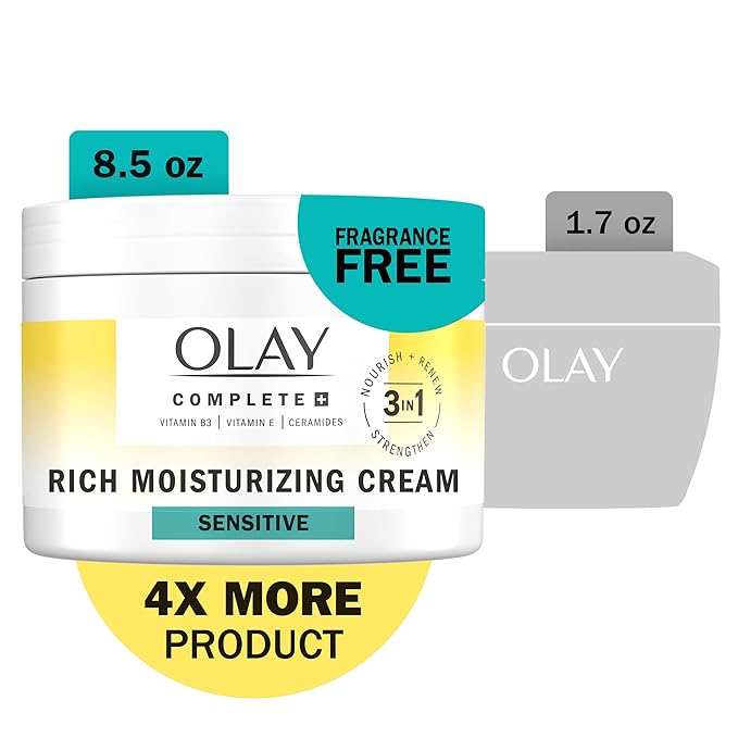 Olay Face Moisturizer, Complete+ Rich Moisturizing Cream - Fragrance-Free, Gentle for Dry & Sensitive Skin, 3-in-1 Hydrating to Strengthen, Nourish, Renew - Niacinamide, Vitamin E, & Ceramides, 8.5 oz