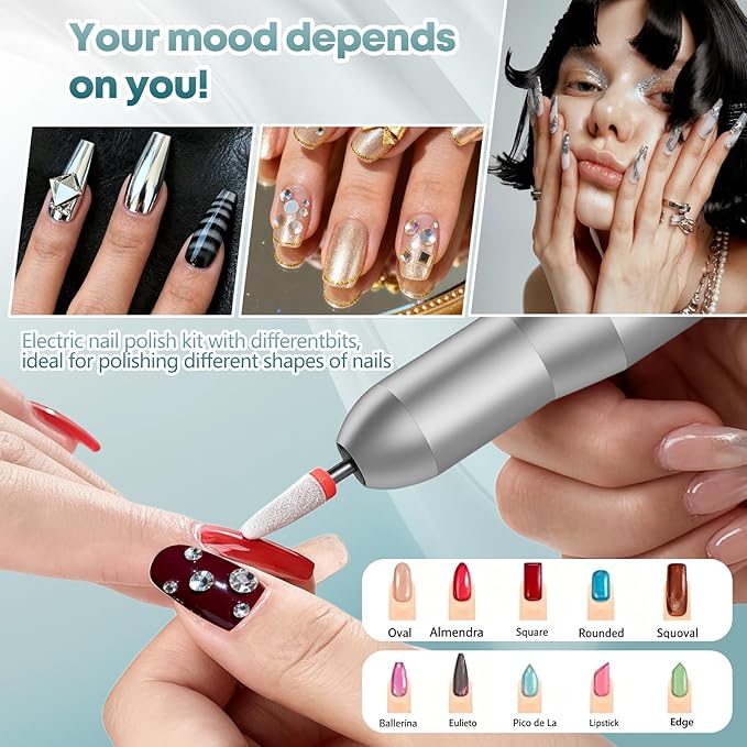 Professional Nail Drill Electric File, GEEZO 55000RPM Portable Cordless Nail Drill Machine with Bits, Rechargeable E File for Acrylic & Gel Nails, Manicure & Pedicure Tech Tool for Home Salon (Green)