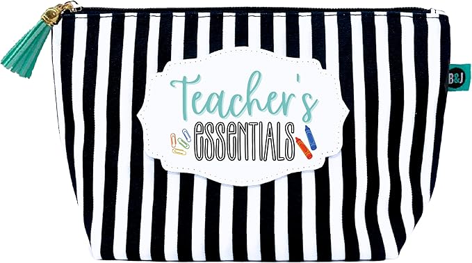 Brooke & Jess Designs Teacher Essentials Pouch Gifts for Women Striped Makeup Bags Cosmetic Bag Travel Toiletry Makeup Pouch Pencil Bag with Zipper Best Just Because Gifts