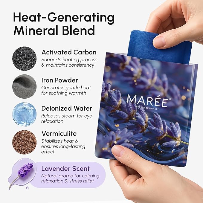 MAREE Steam Eye Mask — 3-in-1 Heated Eye Mask for Dry Eyes — Masks for Women for Puffy Eyes — Steam Eye Masks Disposable — Warm Compress for Eye — Spa Gifts for Women Relaxation — Travel Essentials