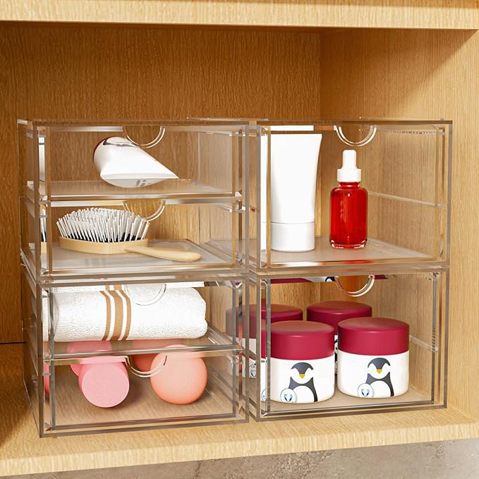 Acrylic Makeup Organizer, 4 Pack Drawer Organizer - Transparent Desktop Storage for Cosmetics, Office Supplies & More - Clear Organizers for Home & Office Use