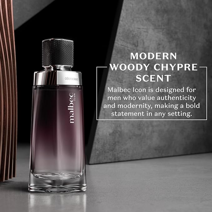 Malbec Icon Eau de Toilette By O Boticário, Woody Chypre Scented Cologne For Men, Long Lasting Men's Fragrance, French Oak Barrel-Aged, 3.4 Ounce (100 ml)