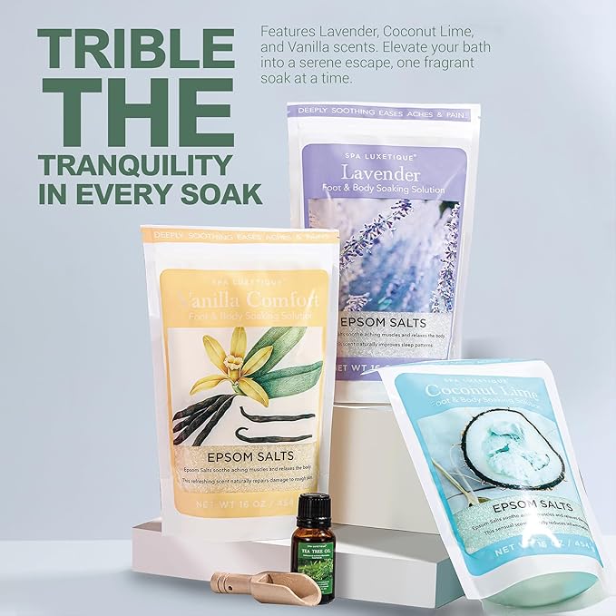 Bath Salts for Women, Spa Luxetique Epsom Salts for Soaking, 3pc Bath Salt Gifts Set, Lavender, Vanilla and Coconut Scent with Tea Tree Oil Gifts for Her Birthday Gifts