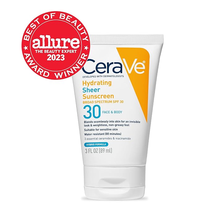 CeraVe Hydrating Sheer Sunscreen with SPF 30 for Face and Body, Mineral & Chemical Sunscreen for Men & Women with Zinc Oxide, Hyaluronic Acid and Ceramides, Paraben-Free + Fragrance-Free, 3 Ounces