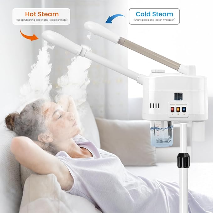 Professional Facial Steamer, 2 in 1 Face Steamer with Cold & Hot Mist, Ozone Facial Steamer with Timer Function, Stand Face Steamer Adjustable Height for Spa, Salon and at Home use