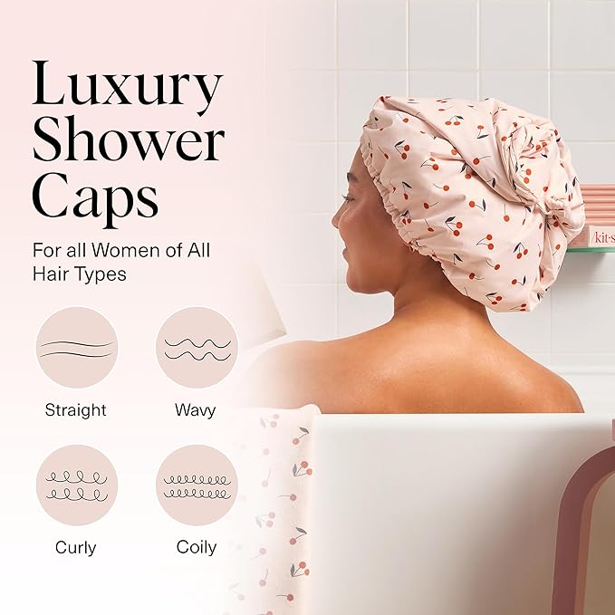 Kitsch Luxury Shower Caps for Women Reusable Waterproof - Flexi Satin Lined, Large Shower Cap for Men, Non-slip, Quick-dry, Adjustable, Stylish Hair Cap for Long & Short Hair - Cherry Print