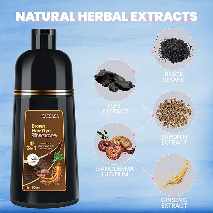 IIIMEIDU Brown Hair Dye Shampoo for Gray Hair, 3 in 1 Herbal Ingredients Natural Shampoo Hair Dye for Women Men, Grey Coverage 500ml