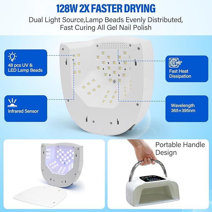 UV LED Nail Lamp Dryers Cordless 128W Portable Rechargeable UV Light for Gel Nails Polish Kit,Fast Curing Wireless Builder Gel Lamp with Sensor 3 Timer LCD Display 48 LED,Manicure Pedicure Art Tools