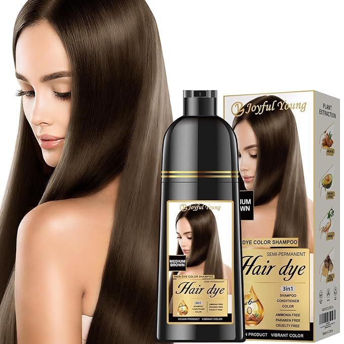 Natural Color Hair Dye Shampoo 3 IN 1, Instant Hair Coloring, Gray Coverage for Men & Women, Beard Dye Vegan Ammonia Free & Paraben-Free, Champú Para Canas Mujer & Hombre (MEDIUM BROWN)