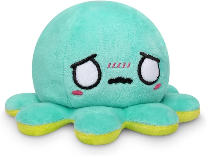 TeeTurtle - The Original Reversible Octopus Plushie - Green Happy + Aqua Worried - Cute Sensory Fidget Stuffed Animals That Show Your Mood, 4 inch