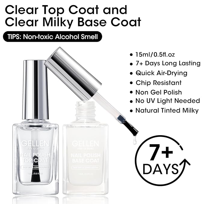 GELLEN Clear Nail Polish Base and Top Coat, Shine No Wipe Top Coat and Tinted Milky White Sheer Base Coat Strengthens Nails - Calcium, Quick Dry Regular Nail Polish, Not UV Gel, Hema Free, Non-toxic
