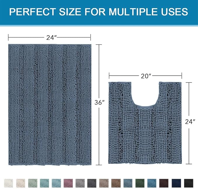 H.VERSAILTEX Bathroom Rug Sets 2 Piece Bath Mats Non Slip Thick Soft Chenille Striped Bath Rug achine Washable Shower Floor Rugs for Tub, Shower and Floor (Blue Indigo, 36"x24" Plus 20"x24" U)