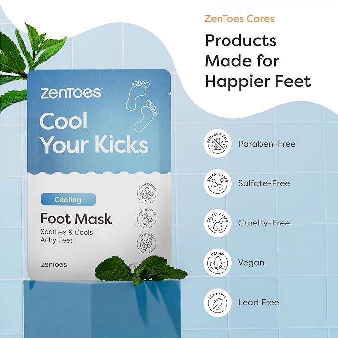 ZenToes Cooling Foot Mask - Hydrating Peppermint & Shea Butter Sheet Masks with Menthol for Soothing Tired, Achy, Dry Feet - Spa Treatment at Home, Paraben & Sulfate Free, 3 Pairs