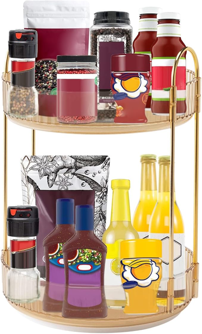 360 Rotating Makeup Organizer, Yellow, Unisex, 2 Tier Countertop Storage, Large Capacity, Cosmetics, Perfume, Skincare, Lipsticks