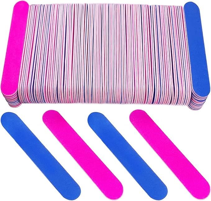 Emery Boards for Nails, 100 Pcs Nail Files for Nature Nails Small Disposable Double Sided Colorful Nail File Bulk for Home Salon Travel Size Mini Manicure Kit for Men Women Kids Wood Emory Pink/Blue