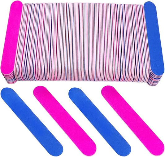 Emery Boards for Nails, 100 Pcs Nail Files for Nature Nails Small Disposable Double Sided Colorful Nail File Bulk for Home Salon Travel Size Mini Manicure Kit for Men Women Kids Wood Emory Pink/Blue