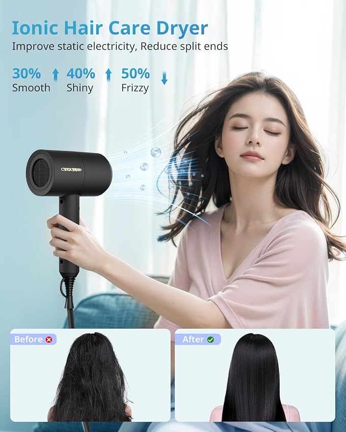 SHRATE Lightweight Ionic Hair Dryer with Diffuser - Powerful 1800W Blow Dryer for Fast Drying - Professional Low Noise Mini Hair Dryer for Travel, Gifts, Hair Styling (Black)