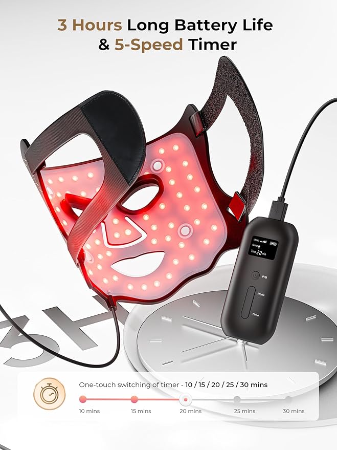 LED Light Therapy mask (E106A) for Face, LED Light Therapy Mask with Adjustable Brightness and Timer, Soft Silicone Red Light Therapy Mask for Home & Travel