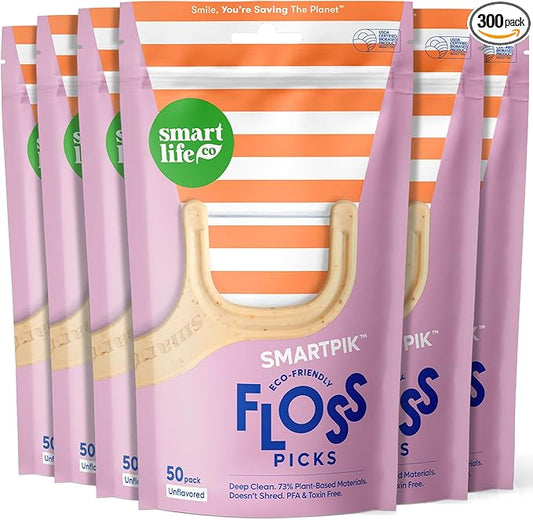 SmartLifeco Eco-Friendly Dental Floss Picks (300ct) - The Original Straw Wheat Flossers, Superior Anti-Shred Thread for Tight Gaps, Zero Waste Tooth Pick for Adults, Soft on Gum & Teeth, Unflavored