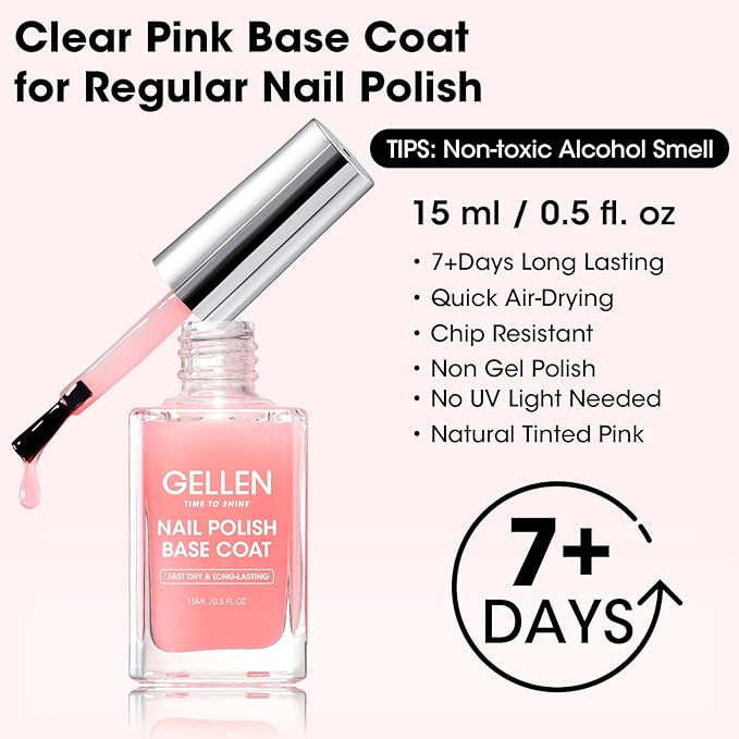 GELLEN Clear Nail Polish Base Coat Sheer Tinted Pink, Natural Color Regular Nail Polish, Calcium Formula Strengthens Nails, Enhances Natural Look, Quick Air Dry, Hema Free, Non-toxic, Anti-yellowing