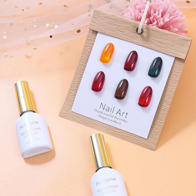 Artdone Sheer Gel Nail Polish Set Jelly UV Gel 6 Colors Translucent Amber Nude Brown Colors Nail Polish For All Seasons Neutral Soak off LED Lamp Gel Manicure Kit For Nail Art