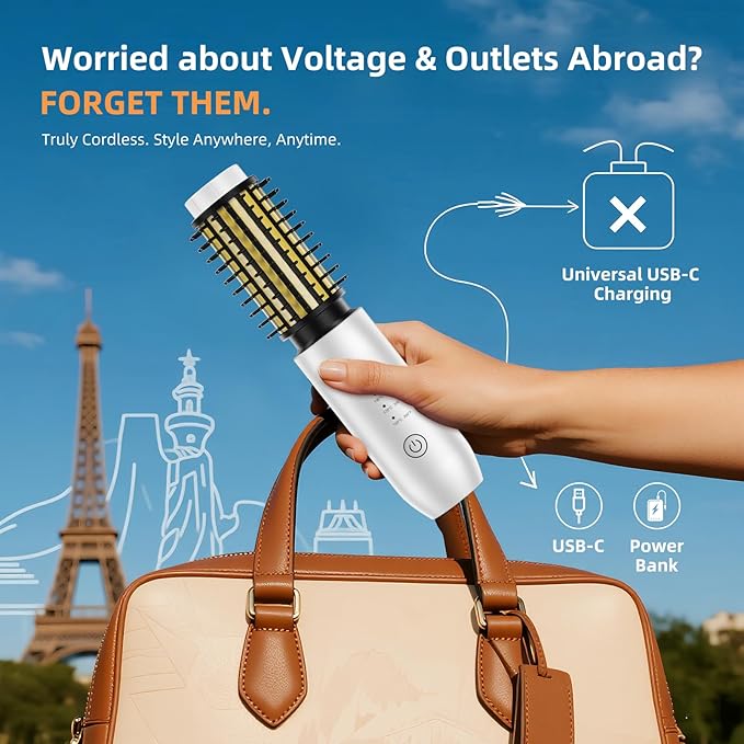 CARESKY® Cordless Curling Iron Brush, 1.5 Inch Mini Travel Hair Curler with 200 Million Negative Ions, Portable Heated Round Straightener Brush Rechargeable for Curl, Touch-Up, De-Frizz, Styling