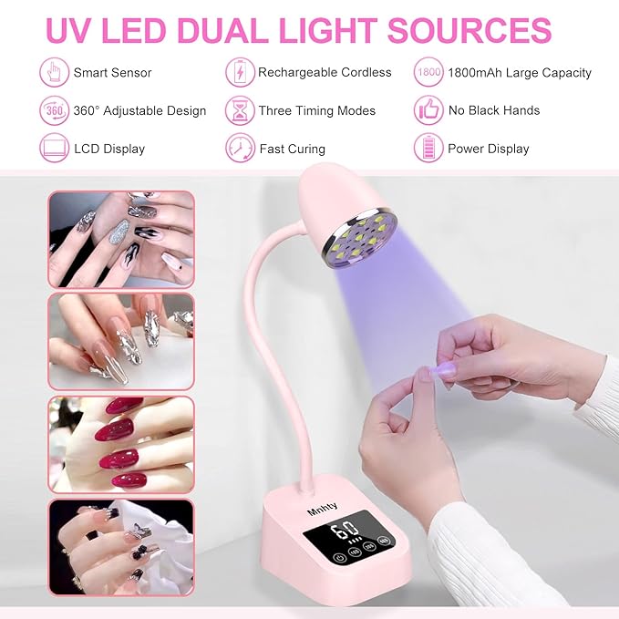 U V LED Nail Lamp, Goose Neck Flash Cure Lamp 27W Rechargeable Mini U V Light for Gel Nails, Cordless Flash Cure Light with 3 Timers&Sensor, Fast Curing Gooseneck Lamps for Gel X, Pink