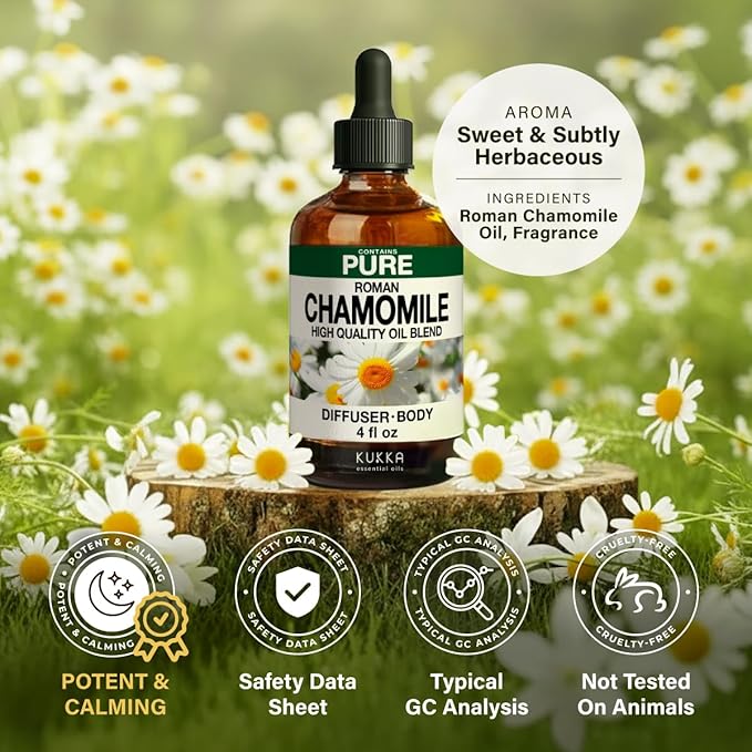 KUKKA Roman Chamomile Essential Oils - 4 Fl Oz - for Hair, Skin, Diffuser, Aromatherapy & DIY Soap Making Scent