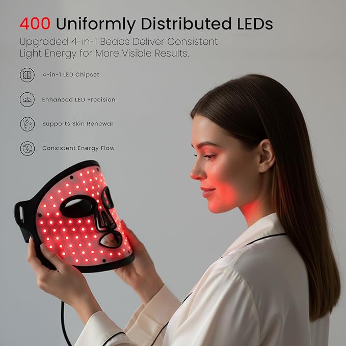 LED Light Therapy Mask for Face, 4 Modes LED Face Mask Light Therapy with 850nm Near-Infrared, 400 LEDs, Rechargeable, Portable Anti-Aging Device (Onyx Black)