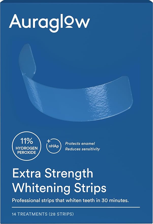 Auraglow Extra Strength Teeth Whitening Strips, Strong Whitening Strips, 14 Whitening Treatments, 11% Hydrogen Peroxide with Nano Hydroxyapatite to Reduce Sensitivity & Protect Enamel, 28 Strips, Mint
